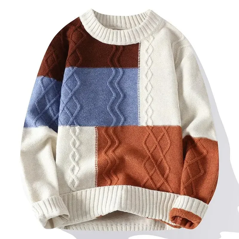 

2024 Men's Thick Twist Sweater Autumn and Winter Twisted Flower round Neck Warm Teenagers Loose Sweater