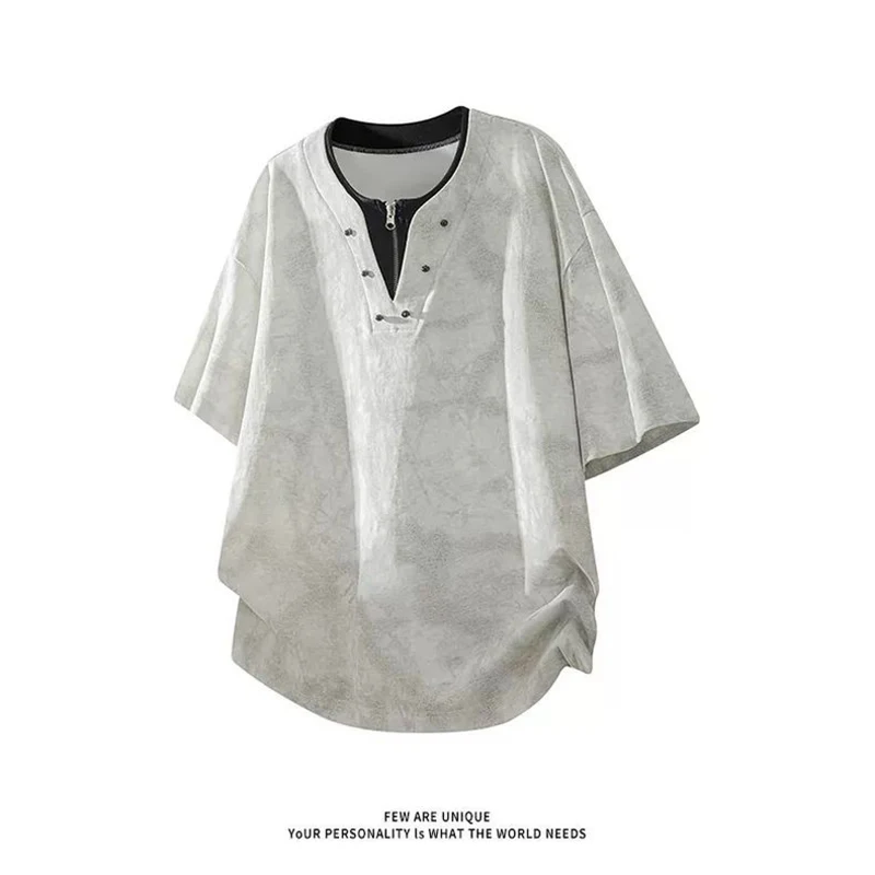 Men's Vintage Tie-Dye Henley T-Shirt Summer Half-Zip Fake Two-Piece Loose High Street Heavyweight Streetwear Casual Top 2026 New
