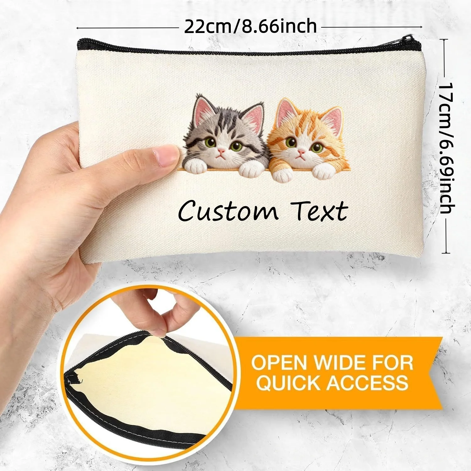 1PCersonalized Two Cute Kittens Canvas Cosmetic Pouch Custom Text Zipper Bag Portable Travel Makeup Stationery Storage Organizer