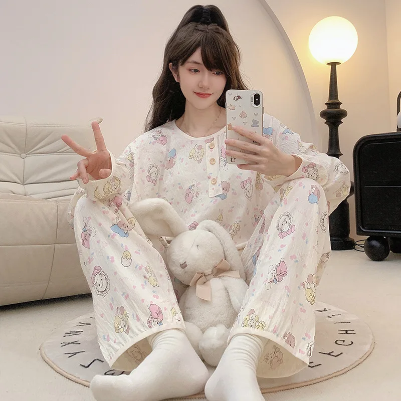 150KG Extra Large Size Women\'s Sweet Pajama Set Cartoon Long Sleeve Comfort Top Long Pants Suit Bubble Crinkled Cloth Homewear