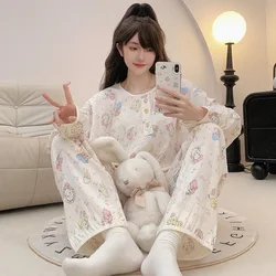 150KG Extra Large Size Women's Sweet Pajama Set Cartoon Long Sleeve Comfort Top Long Pants Suit Bubble Crinkled Cloth Homewear