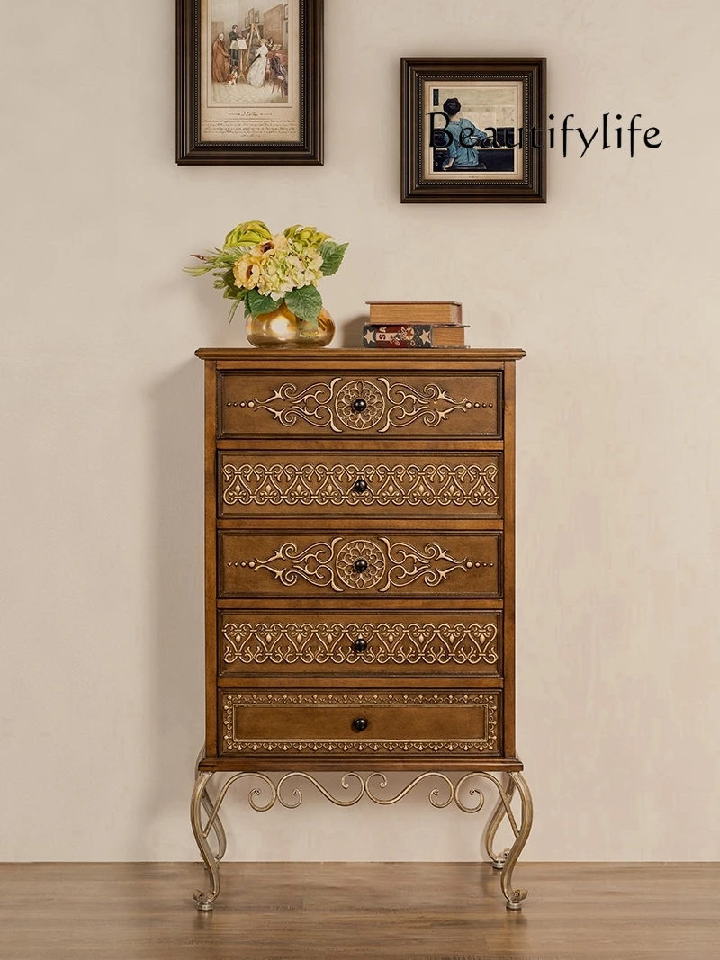 

American Retro Chest of Drawers Household Solid Wood Embossed Painted Storage Cabinet