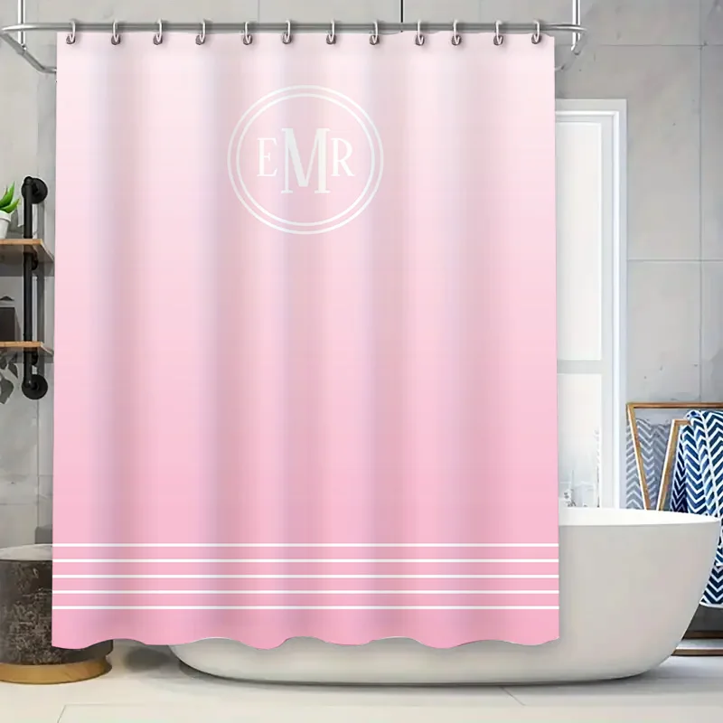 Pink Ombre Monogram Shower Curtain Set Modern Bath Decor with Striped Design Perfect Gift for Her