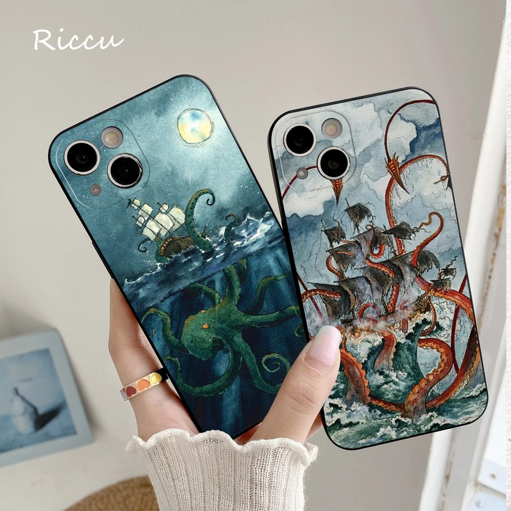 FOR IPhone 14 Nautical Steampunk Octopus Vintage Kraken Drawing Soft Case for Iphone 14 11 12Pro 8 7 Plus X 13Pro MAX XS Covers