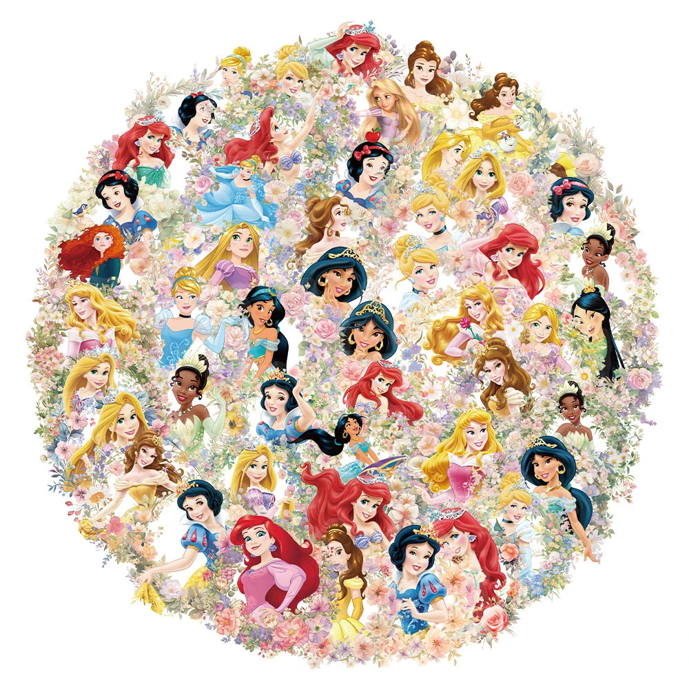 50pcs Cute Disney Princess Flowers Aesthetic Stickers Rapunzel Snow White Ariel Cartoon Sticker Luggage Phone Transparent Decals - view 3