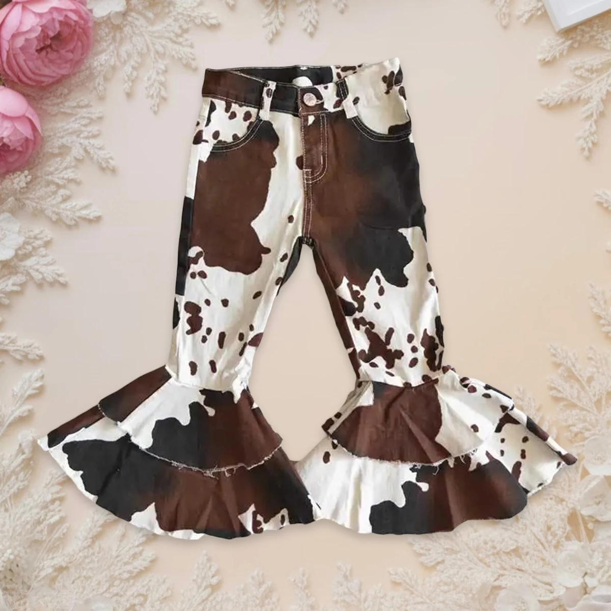 

Baby Girls WesternDenim Brown Cow Print Bell Bottom Kids Children Toddler Flared Pants Double Lace Pocket Jeans Wholesale
