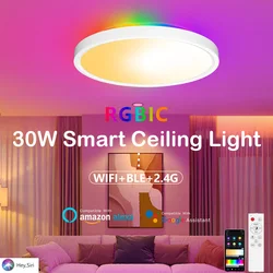 Smart 30W LED RGBCW Ceiling Lamp with RGBIC Backlight, WIFI & BT APP, AC100-240V, Timer, Work with Alexa and Google Assistant