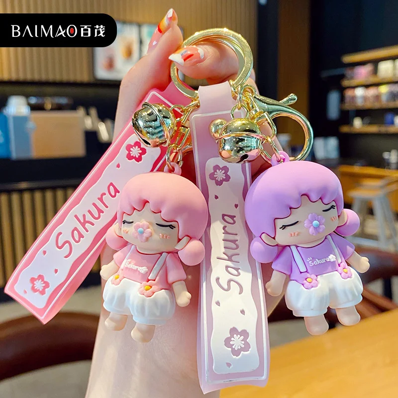 

New Cartoon Sakura Cat Keychain Cute Pink Purple Soft PVC Lanyard Bag Car Metal Keyring Girl Boy Lover Gift