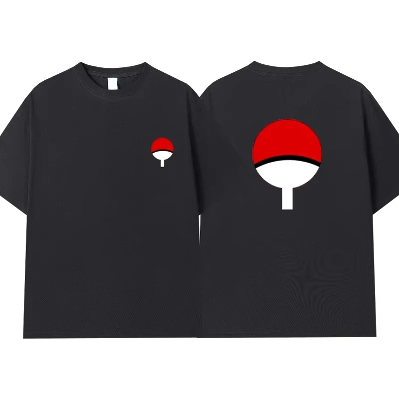 Naruto Uchiha Clan Symbol T-Shirt für Männer und Frauen, Vorder- und Rückseiten-Print, minimalistisches Anime-Casual-Oversize-Streetwear-T-Shirt in Schwarz