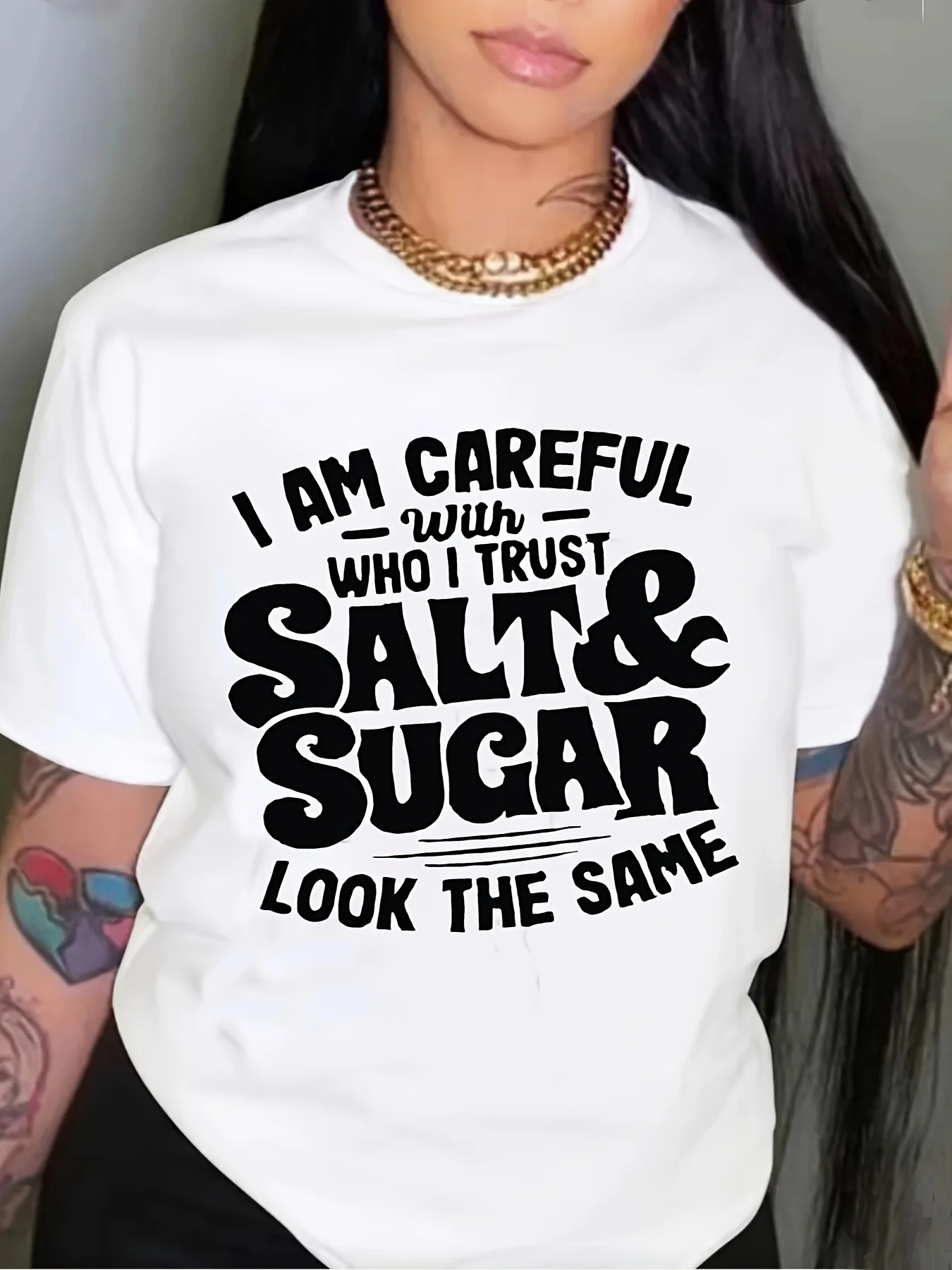 

[Plus Size | Casual] Plus Size White Casual Summer T-Shirt - "Salt & Sugar" Graphic | Short Sleeve, Round Neck, Medium Stretch