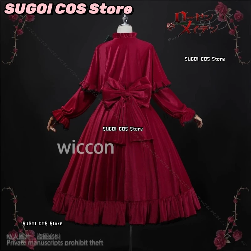 شين كو تأثيري أنيمي روزن البكر زي فستان أحمر مخملي لوليتا قبعة أغطية الرأس الباروكات للفتيات امرأة حفلة الهالوين مخصصة