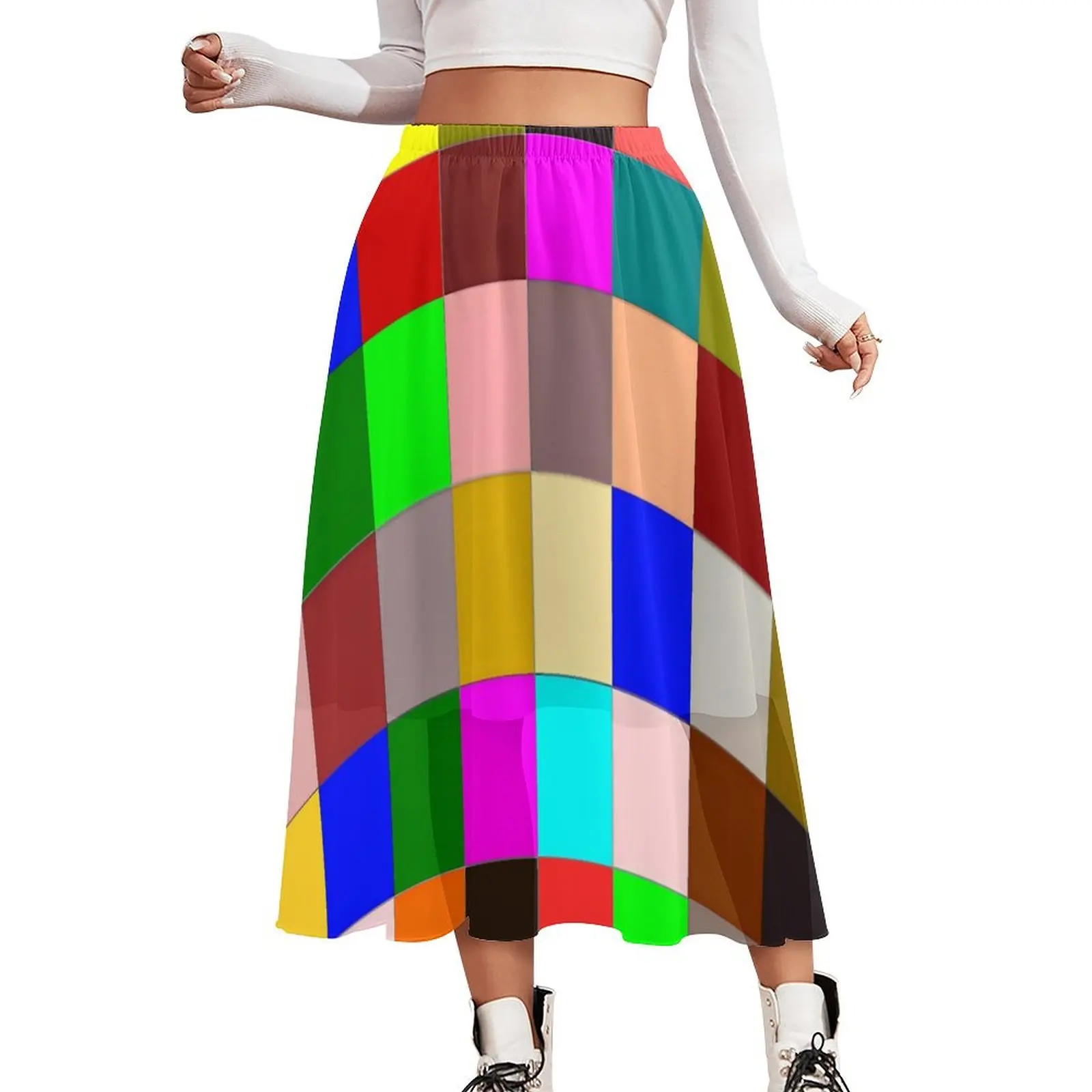 

Rainbow Color Block Skirt Checkerboard Kawaii Boho Skirts Summer Korean Fashion Elastic Waist Chiffon Oversized Casual Skirt