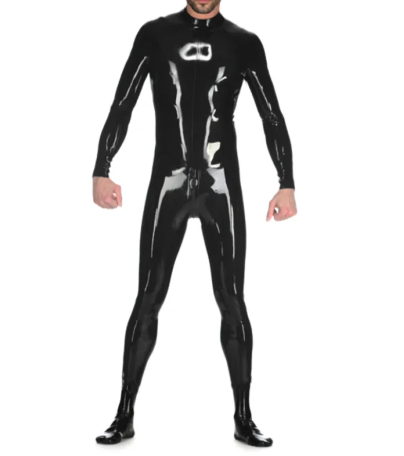 

Men's Latex Bodysuit Tight Jumpsuit Rubber Catsuit Clothing with Back Crotch Zip with Socks