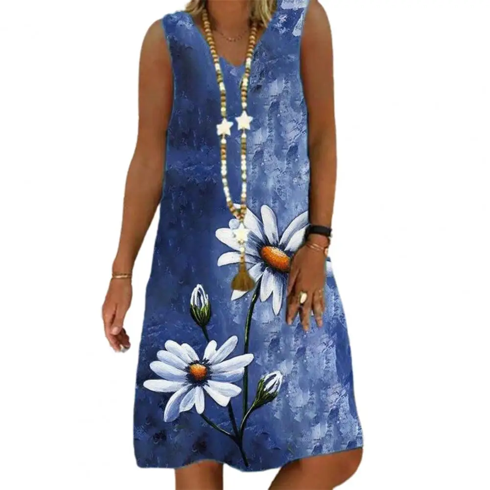 

Women Vintage Digital Print Midi Dress for Women Soft Breathable A-line Sundress with V Neck Loose Hem Dress