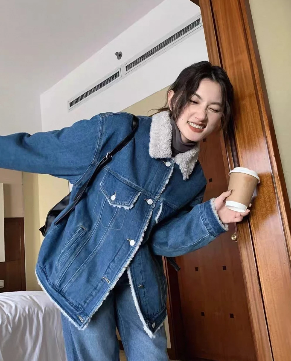 

Denim Coat Long Patch Fur Plush Womens Fall Buttoned Slim-Fit Quilted Outwears Minimalist Checked Jackets Distressed Highstreet