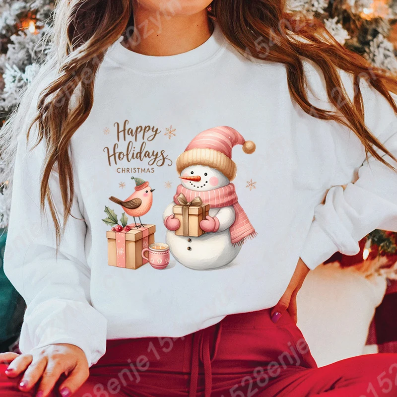 

Snowman Happy Holidays Christmas Print Sweatshirt O Neck Tops Women Hoodless Pullovers Long-sleeved Autumn Solid Color Pullovers
