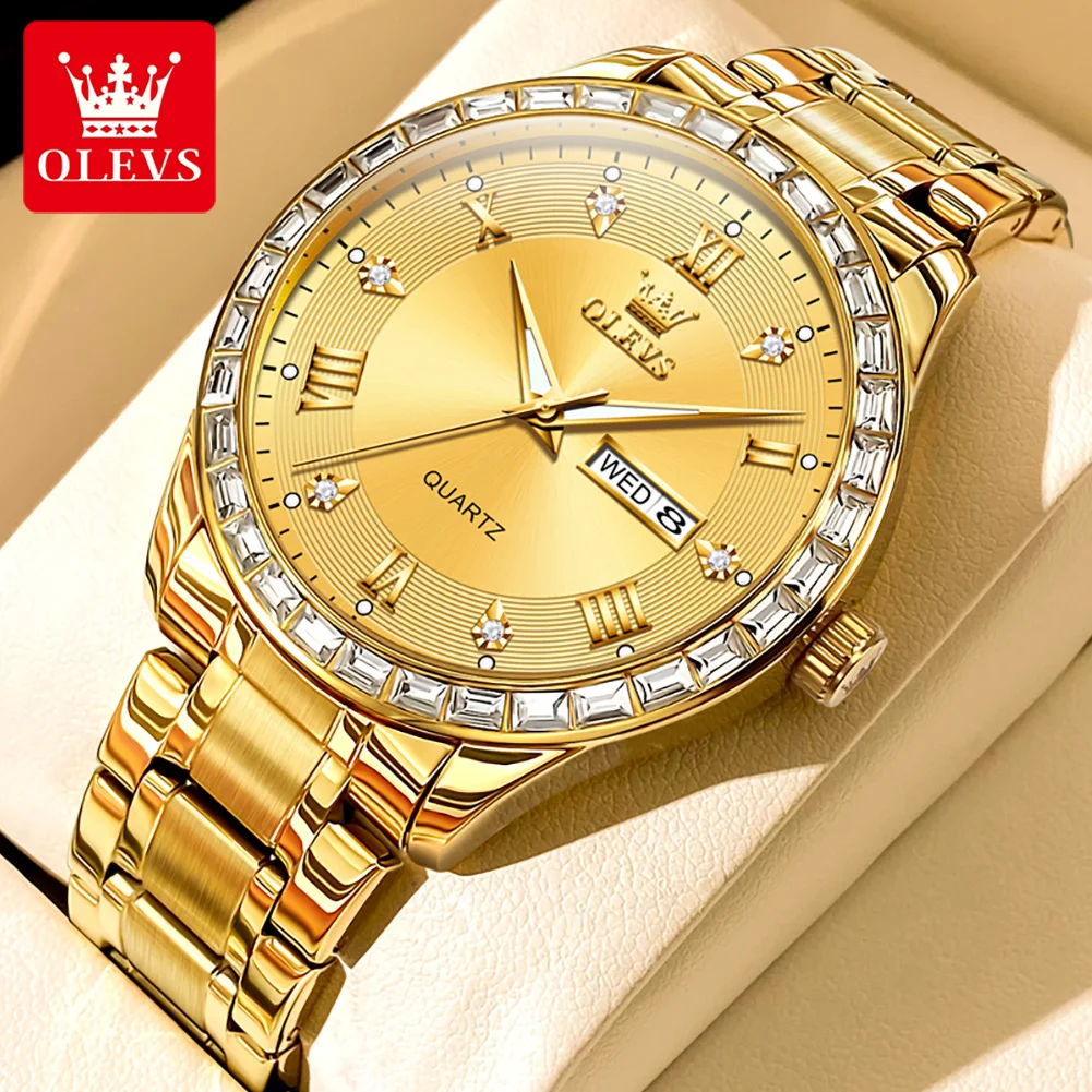 

OLEVS 9906 Quartz Men's Watch Gold Diamond Luxury Wristwatch Male Dual Calendar Original Brand Stainless steel Watch for Men NEW