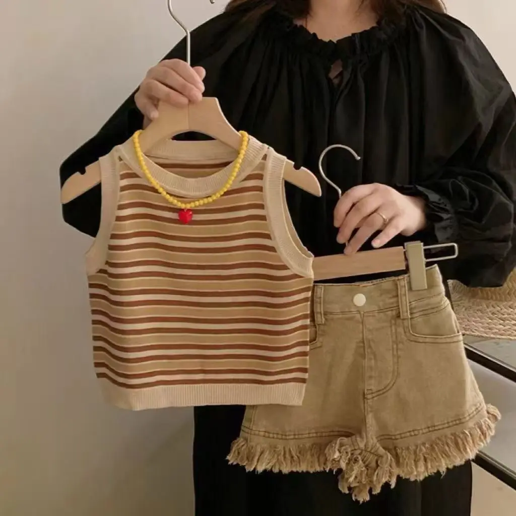 Children's Clothing 2026 Summer Girls' Striped Knitted Vest Fringed Denim Shorts Set Girls' Two-piece Set Fashionable