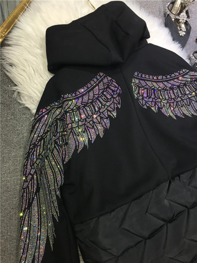 Abrigo acolchado de algodón con capucha para mujer, Chaqueta corta con alas grandes en la espalda, de lujo, color negro, para Otoño e Invierno