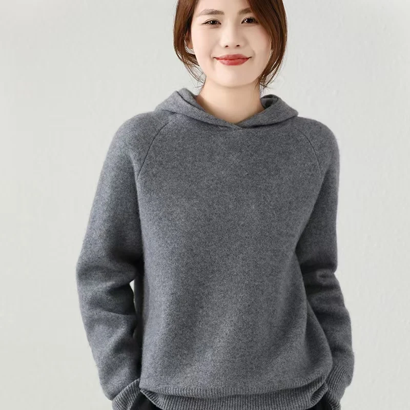 100% pure cashmere knitted hooded sweatshirt for women's 2024 autumn and winter casual wear, inner sweater, outer wear