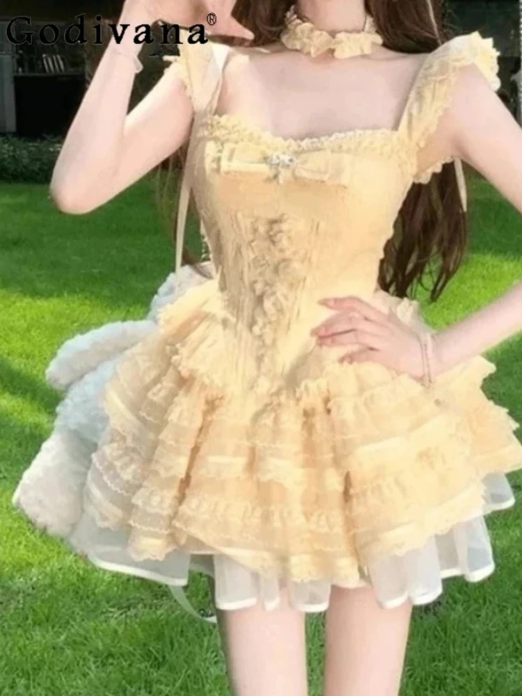 

2XL Милое японское платье феи с квадратным вырезом и летящими рукавами, летнее кружевное платье принцессы с высокой талией для девочек, модное платье принцессы