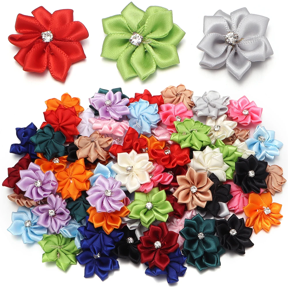 10pcs 3cm Mini Inlaid Rhinestones Satin Ribbon Flowers Handmade Flower Head For DIY Clothing Headwear Decoration Accessories