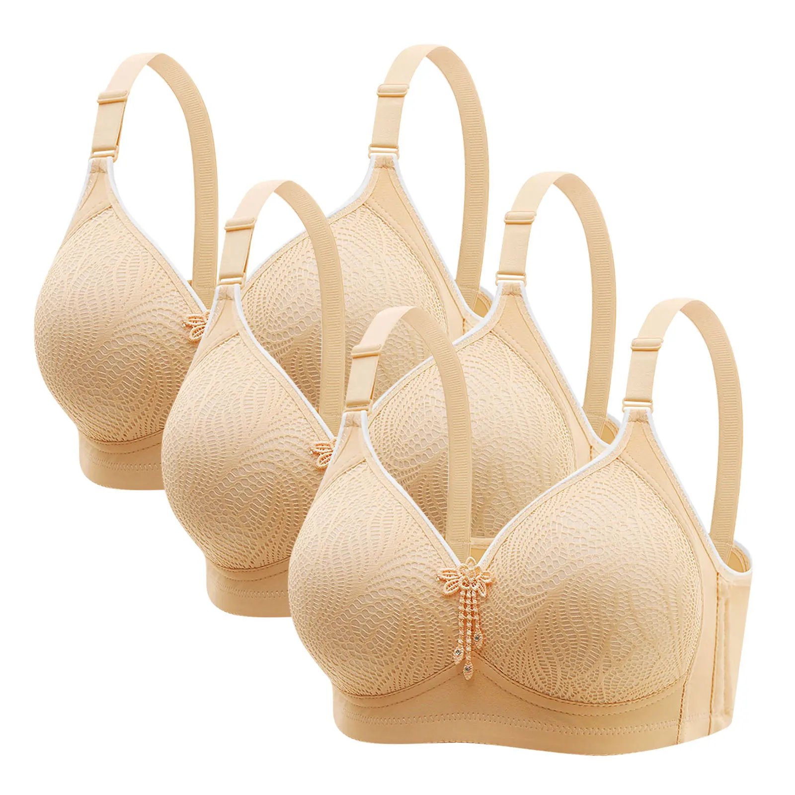Three-piece Woman' Brassiere Set Lace Wireless Girls Push-up Plus-size Lady Bra Daily Gathering Side Fat Four-row Back Closure