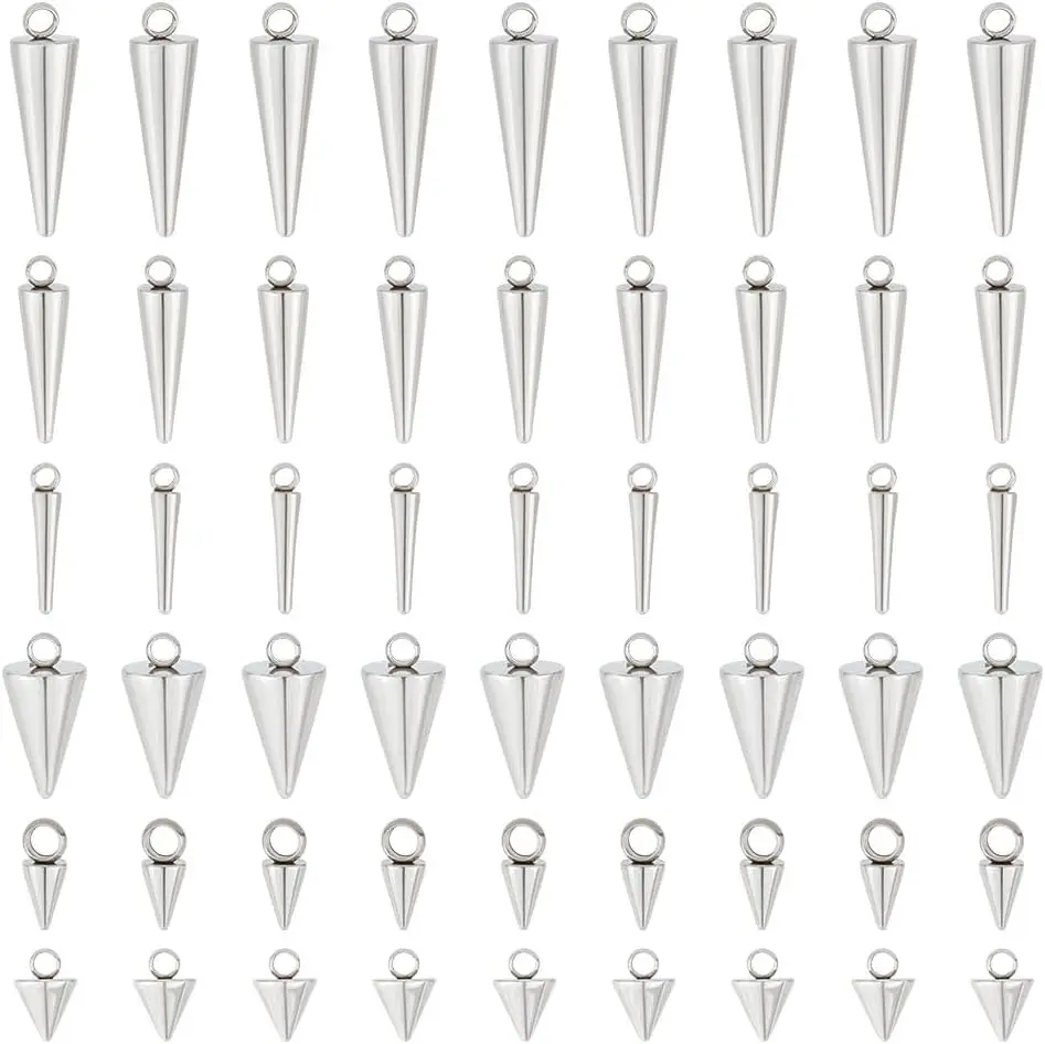 

60pcs Stainless Steel Cone Charms 6 Sizes Hypoallergenic Dangle Pendants for DIY Jewelry Making