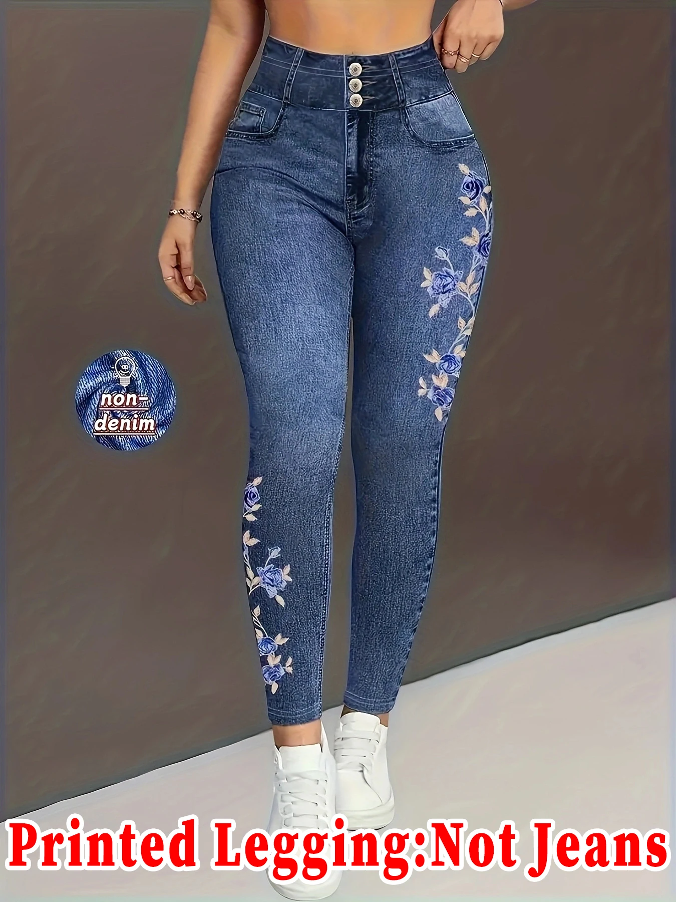 Women Faux Denim Rose Floral Print Leggings High Waist 3 Buttons Stretch Skinny Jeggings Casual Slim Fit Pants Not Real Jeans