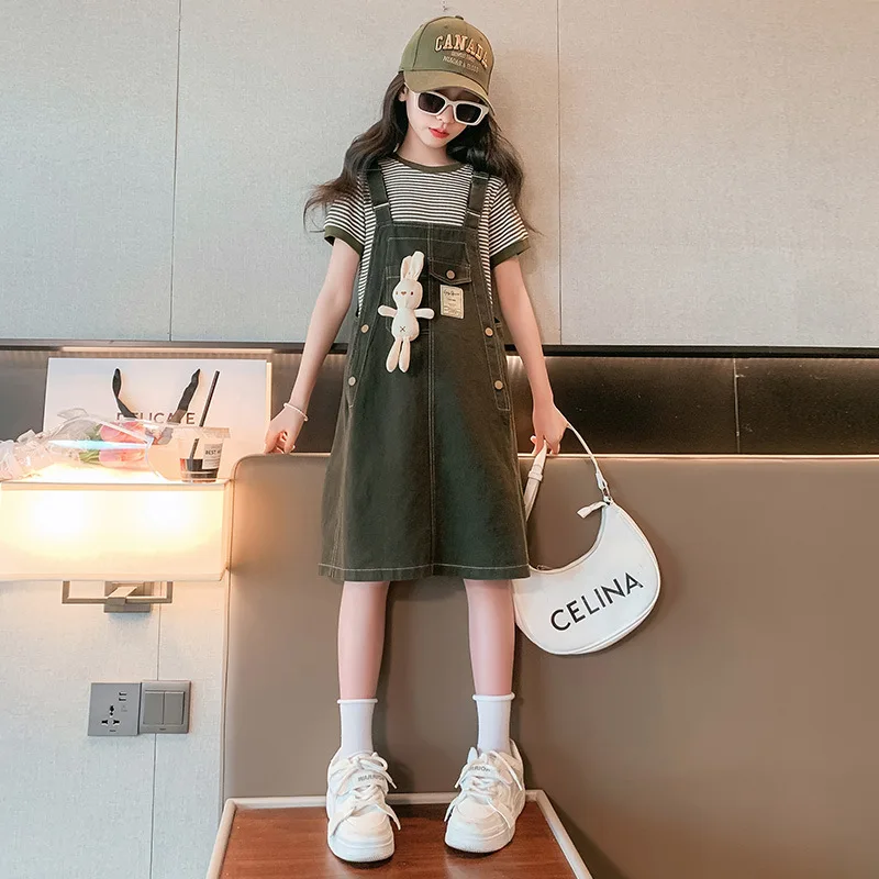 2024 Korean Summer Junior Girl 2-Piece Sets Children Girl Striped T-shirt+Denim Suspender Skirt School Girl Casual Suit 4-12Yrs