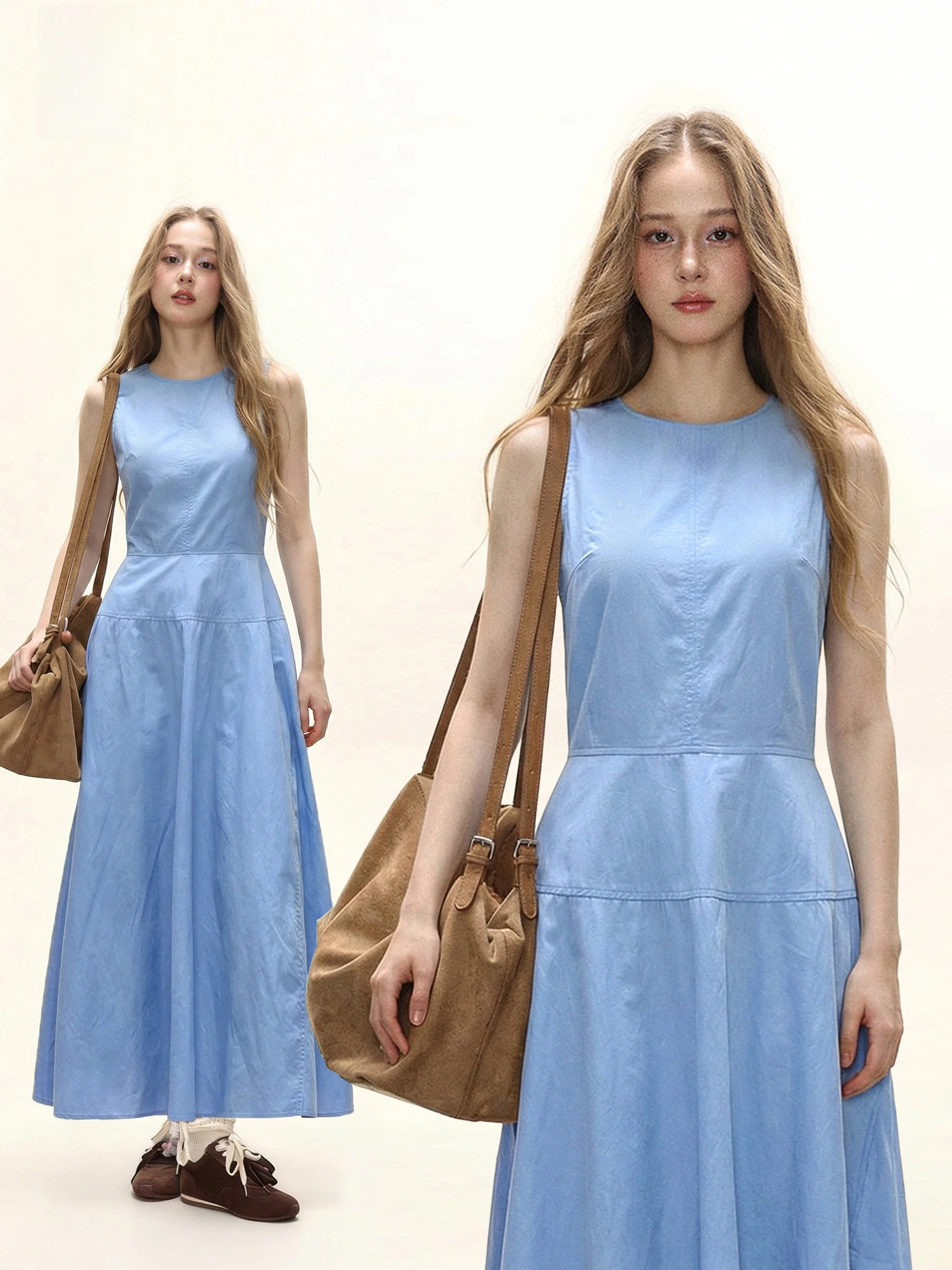 

Casual Loose Fit Color Women's Dress round Neck Long Skirt Slimming A-Line Gown Summer Comfortable Lazy Style Dress