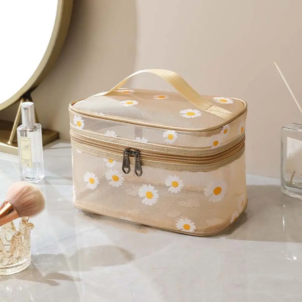 Bolsa de maquillaje con margaritas y flores, bolso de viaje portátil con cremallera y gran capacidad, resistente al agua