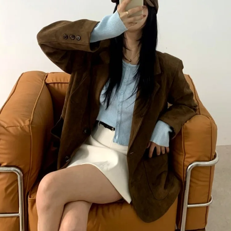 

Женский шикарный замшевый костюм Jaet, корейский свободный повседневный винтажный топ, длинный свек на одной пуговице, однотонный, для поездок на работу и ветер