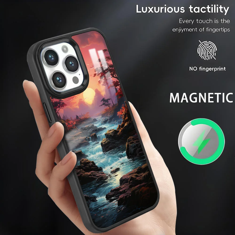 

Painting of Sunset Scene Phone Case For iPhone 16 15 14 13 12 11 Pro Max Plus Mini Magsafe Magnetic Wireless Charging PC Cover