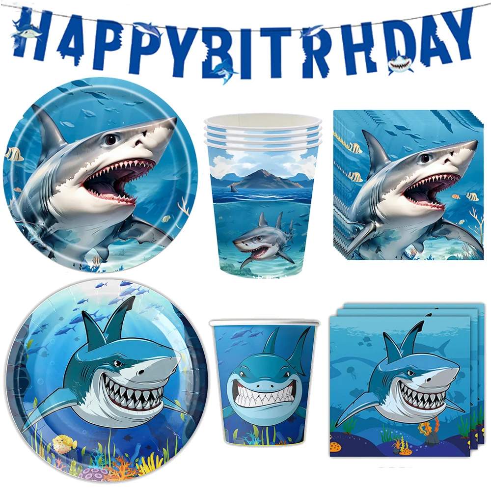 Blue Shark Birthday Decoration Happy Birthday Banner Dinner Plates Cups Napkins Baby Shower Shark Theme Birthday Party Supplies
