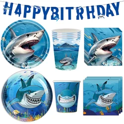 블루 상어 생일 장식 생일 축하 배너 저녁 식사 접시 컵 냅킨 베이비 샤워 상어 테마 생일 파티 용품