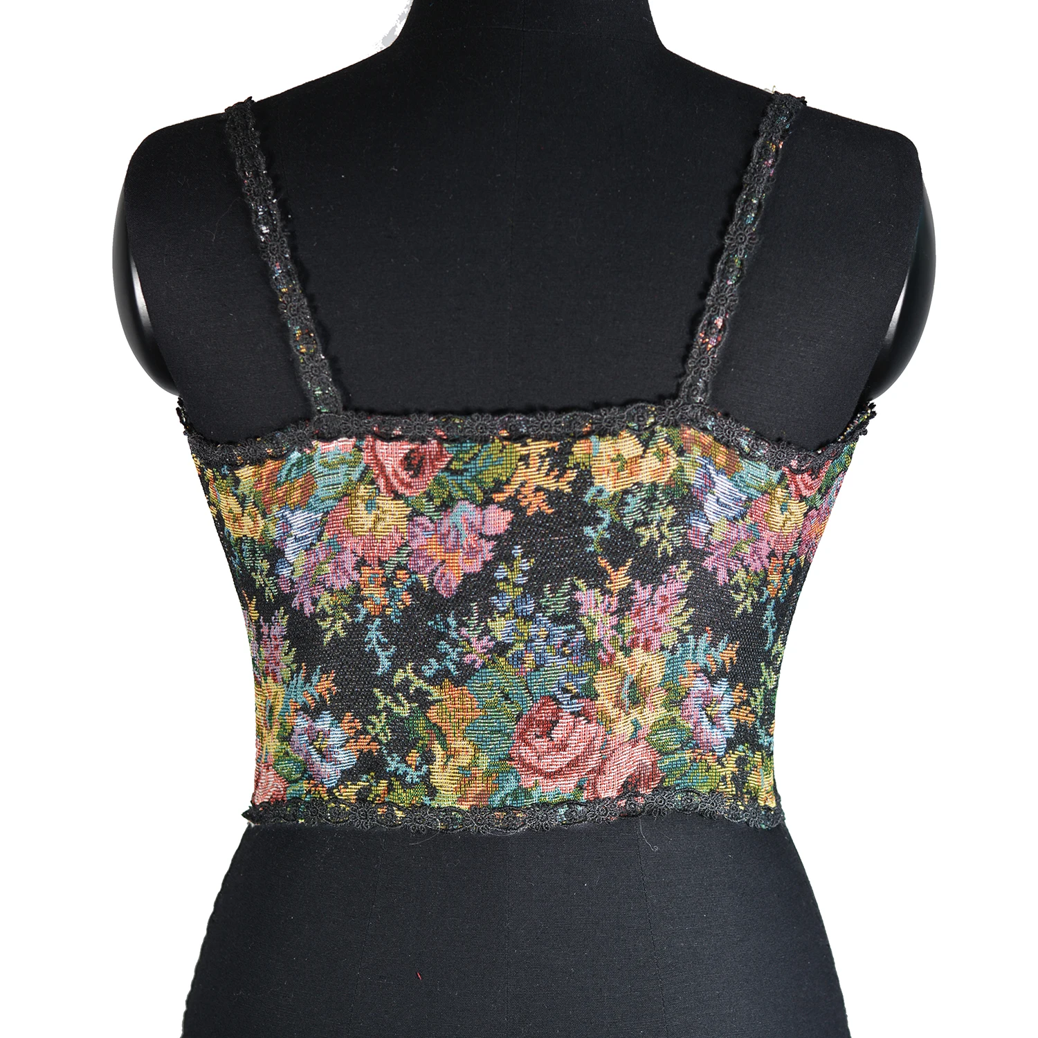 Woman's Vintage Oil Painting Peony Jacquard Lace Trim Corset Top Lace-Up Front Woven Camisole