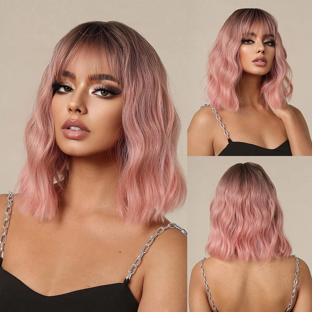 Short Pink Wavy Wig with Bangs,Short Curly Light Pink Hair Wig for Women,Synthetic Natural Looking Cosplay Pastel Pink Bob Wigs