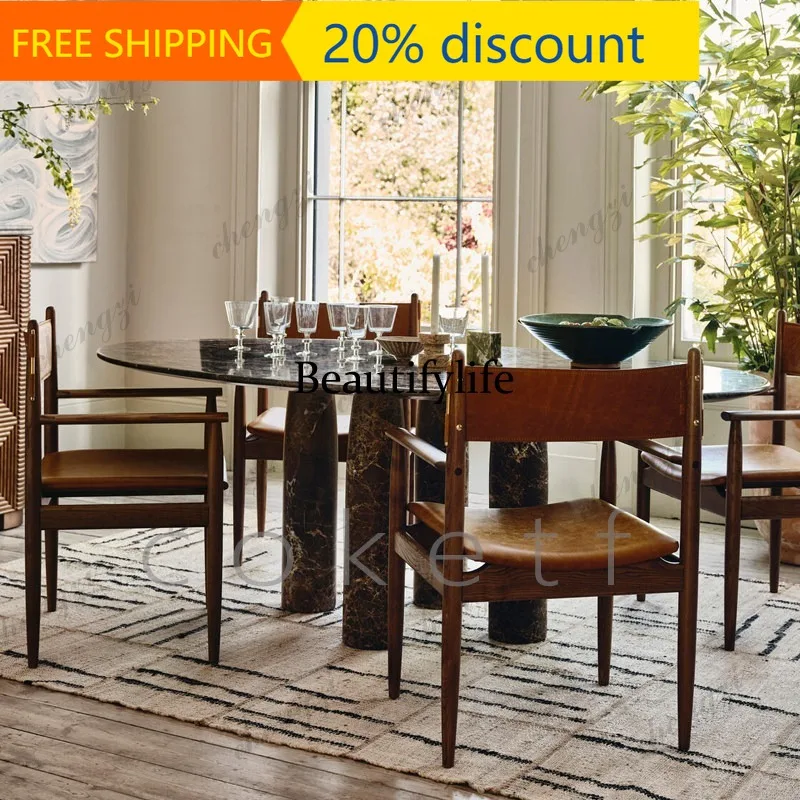 CC Italian high-end natural dark brown mesh marble dining table designer oval dining table