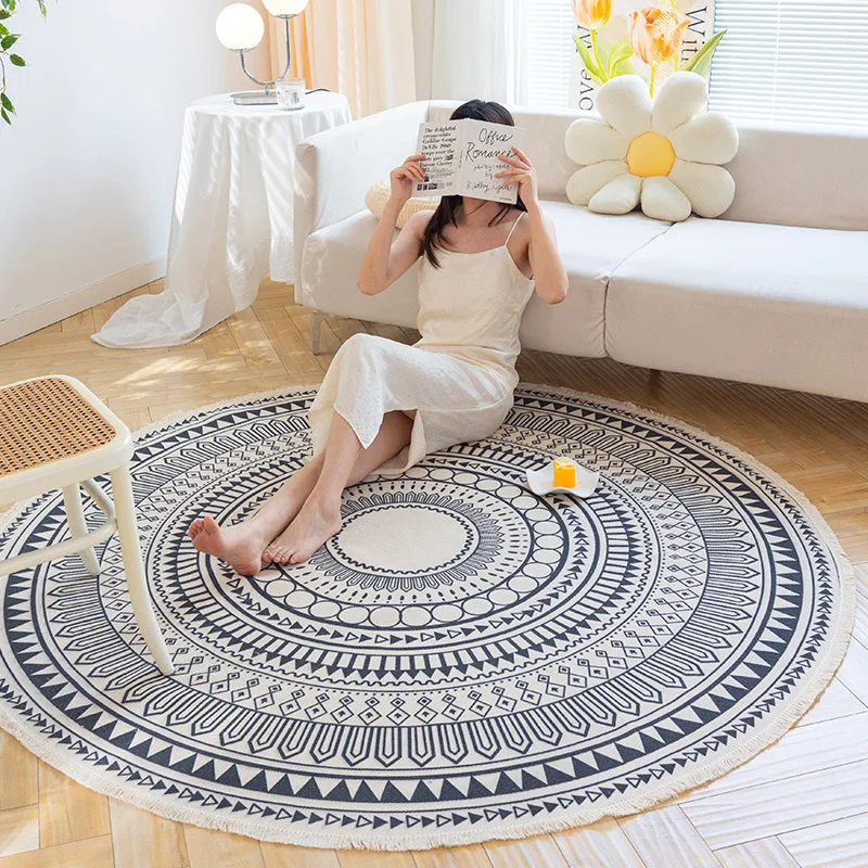 

Круглый ковер в стиле ретро в стиле бохо с кисточкой, хлопковые прикроватные коврики с принтом, ручная работа, пыленепроницаемый гобелен, диванная подушка, татами, напольные коврики