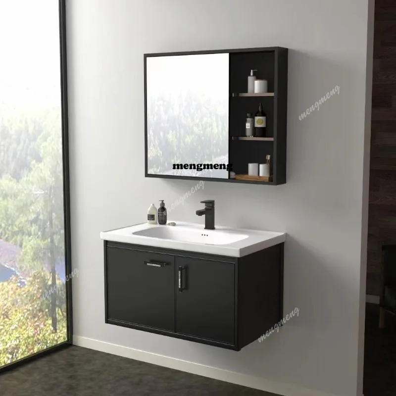 

Black bathroom cabinet aluminum alloy combined integrated basin ceramic rock slab seamless basin