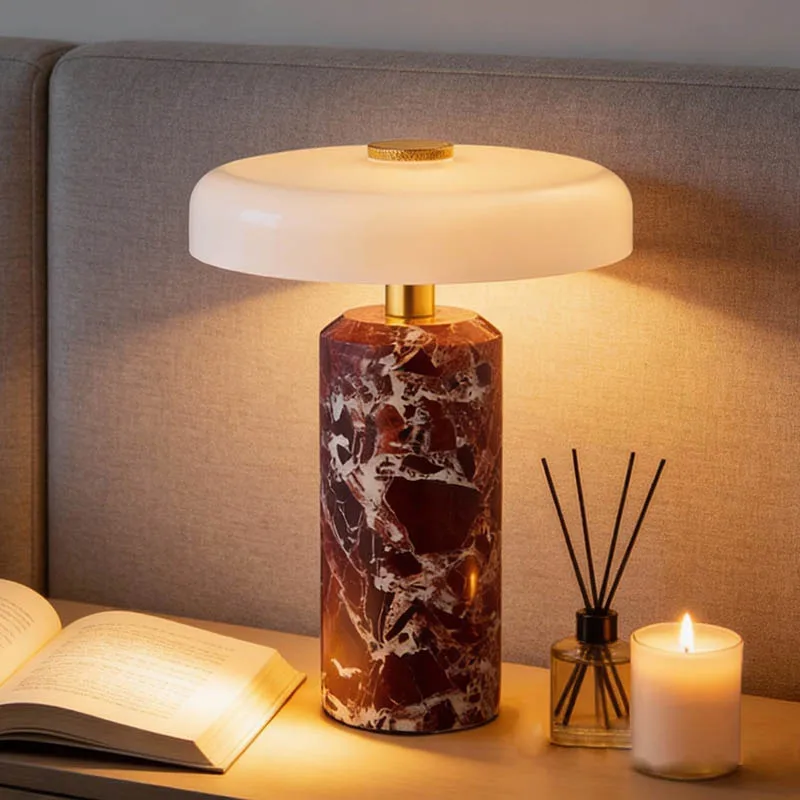 

Modern Bedside Table Lamp Marble Pattern Base Small Night Light for Bedroom