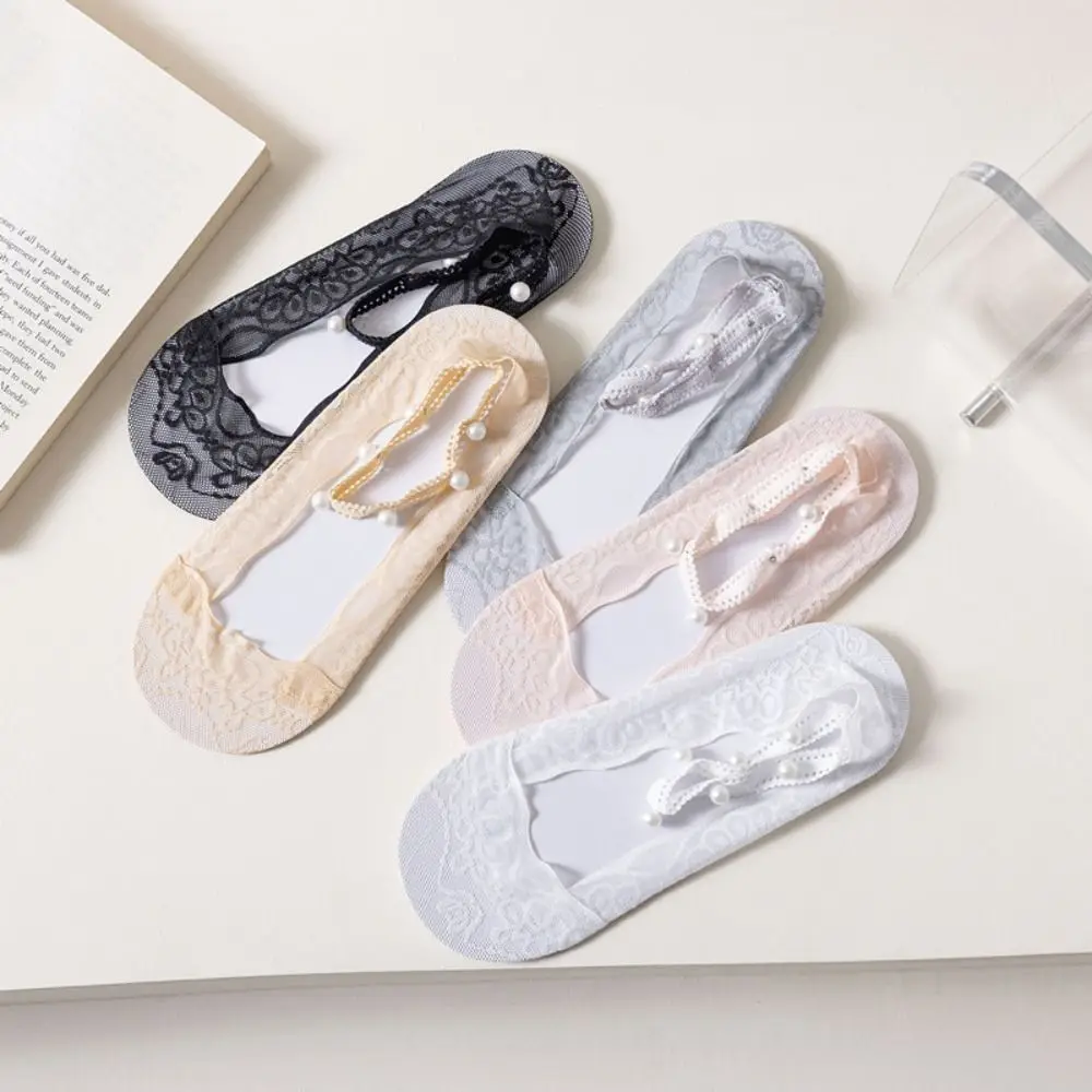 

5Pairs Anti-Slip Pearl Ankle Socks Transparent Mesh Lace Boat Socks Breathable Female Hosiery Invisible Socks Women Girls