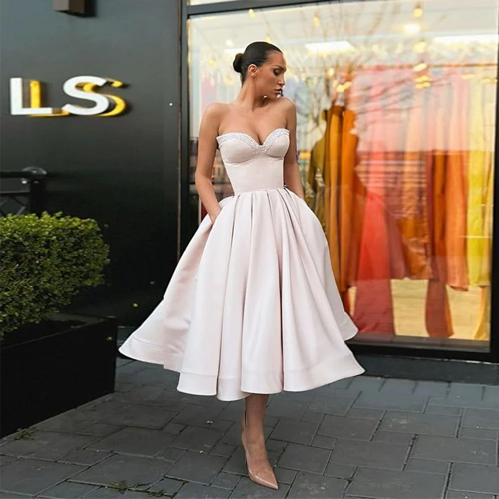 

Pink Simple Evening dresses Women Strapless A-Line Sleeveless High quality Customize Formal event Tea-length Prom Party Gowns