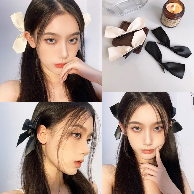 Pinzas para el pelo de cinta blanca y negra para mujer, horquilla lateral con lazo Vintage, pasadores bonitos para niรฑa, tocado, accesorios para el