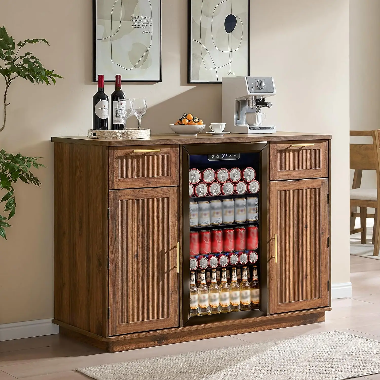 Mini Fridge Cabinet with Storage & Power Outlet, Walnut, Customized