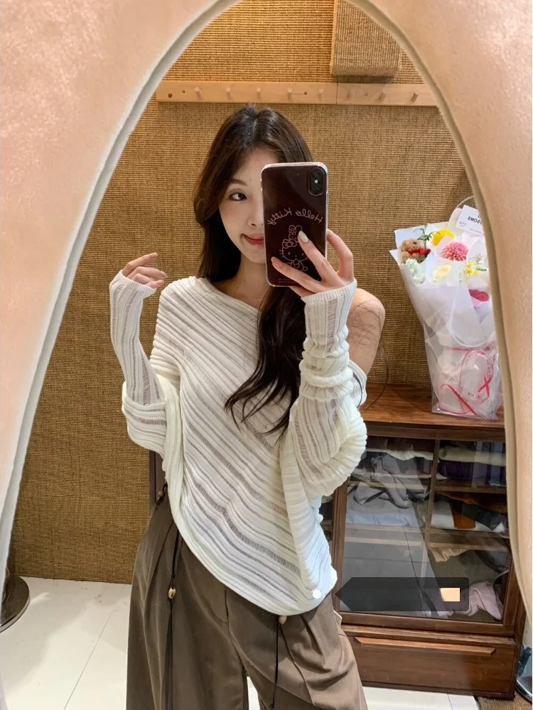 

Женский вязаный свободный свитер на одно плечо с текстурированной атмосферой, зимняя мода, корейский Sle Long Sve, удобный трикотаж