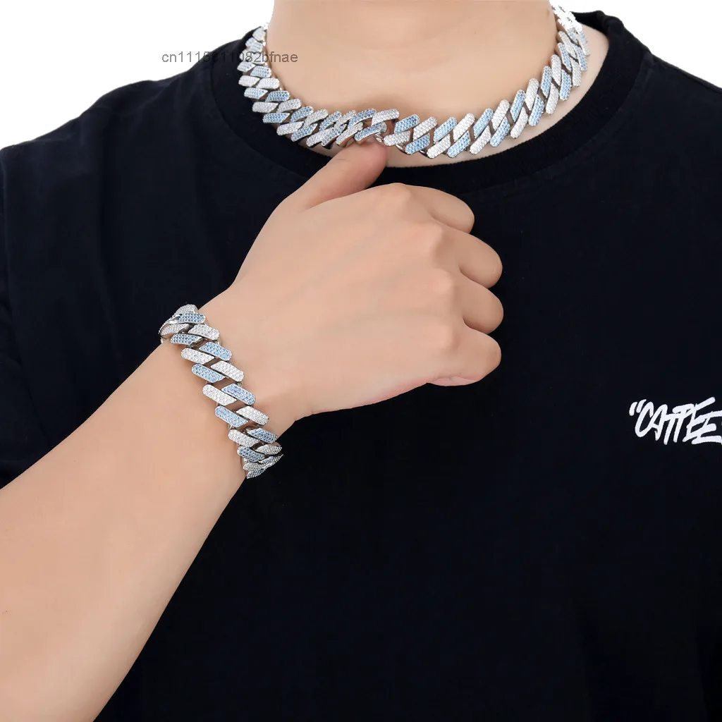 20mm Miami Diamond Two Tone Men's Necklace Iced Blue White Zircon Thick Brass Cuban Link Chain Simple Cadenas Cubanas Design，