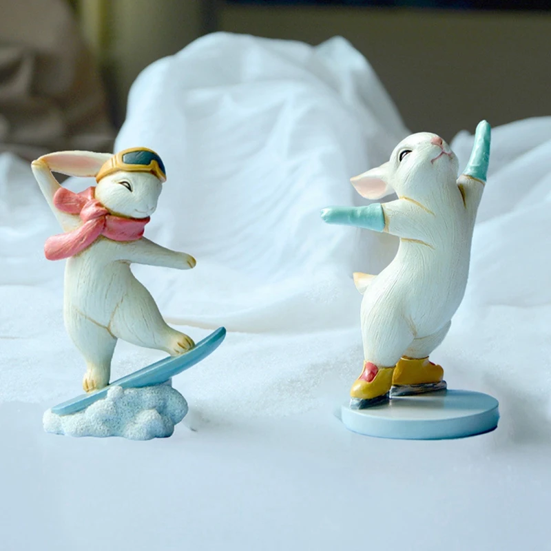 HOT-Creative Lovely Bunny Athlete Ornament Sports Figurine Skiing Skating Home Decoration Birthday Gifts