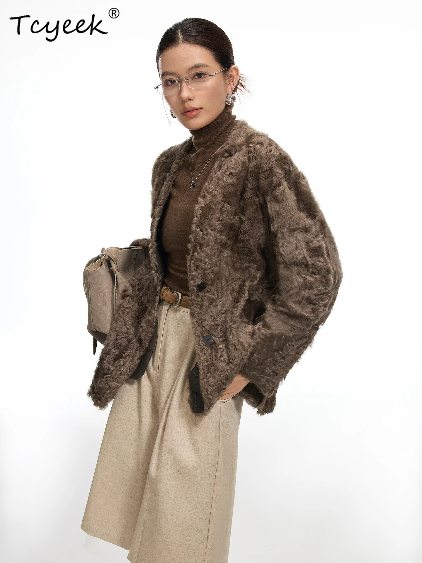 Tcyeek Genuino Lana Autunno Inverno Alla Moda di Fascia Alta Con Scollo A V di Colore Solido delle Donne di Lana Shearling Cappotto di Pelliccia Fourrures Femme
